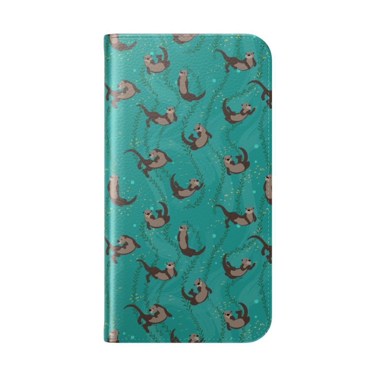 A whimsical phone case featuring a group of playful otters swimming underwater with bubbles. - Folded Back