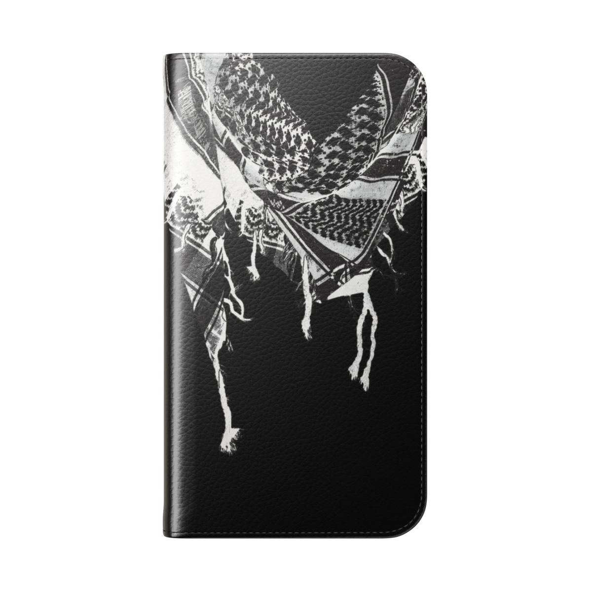 Minimalist phone case featuring a traditional Palestinian keffiye pattern in black and white. - Folded Back