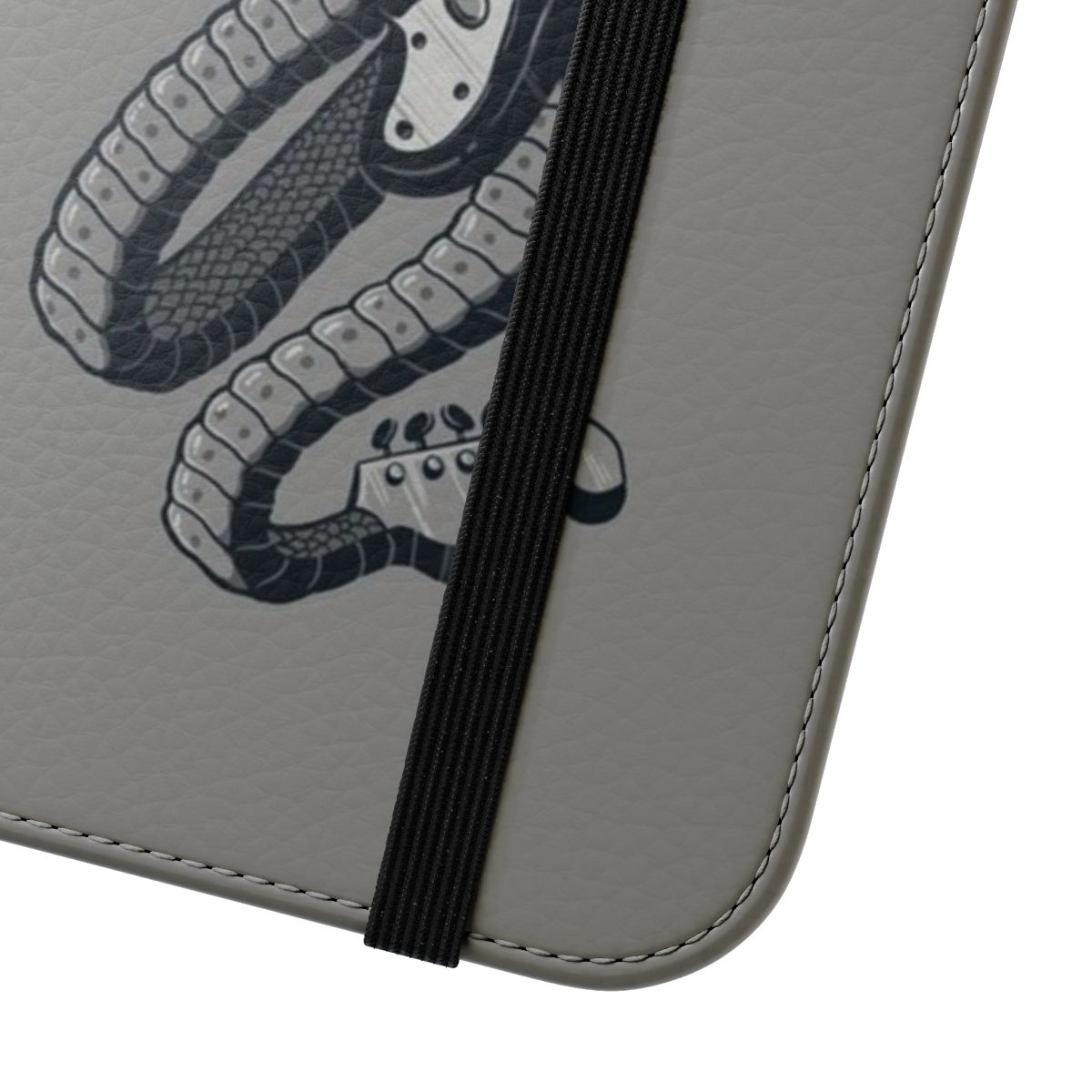 A sleek flip phone case with a snake and guitar design, perfect for music and heavy metal fans. - Close Up