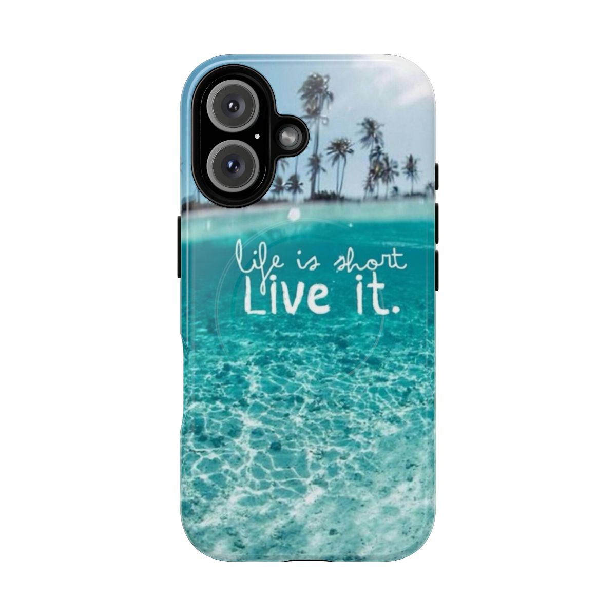 Tropical palm tree phone case with blue, green, and white colors