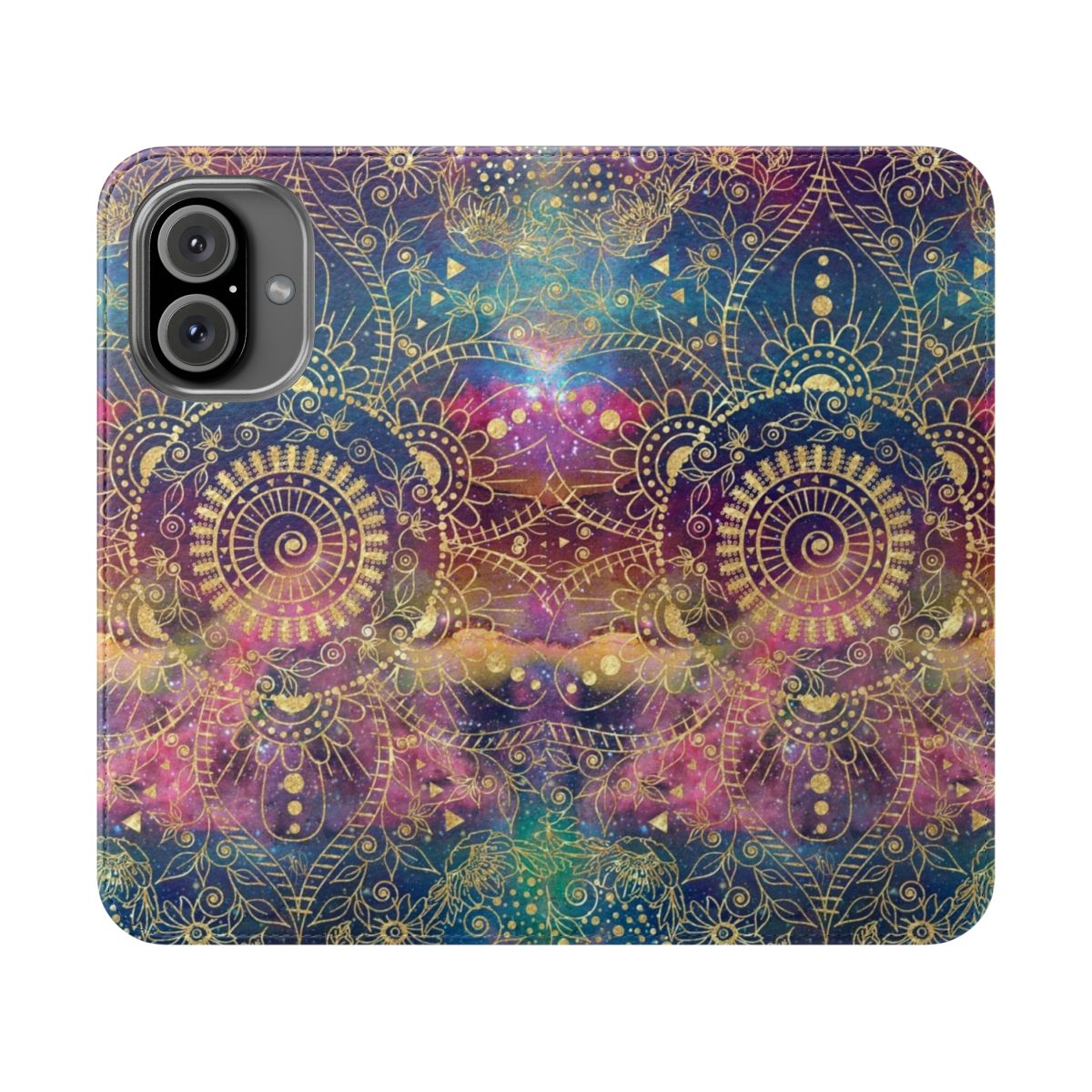 Vibrant gold mandala watercolor print with a mystical, spiritual, and celestial nebula design on a phone case.