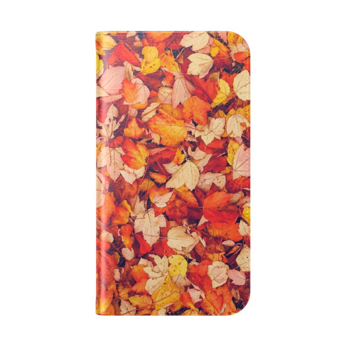 A stylish flip phone case featuring a vibrant autumn leaves design. - Folded Back