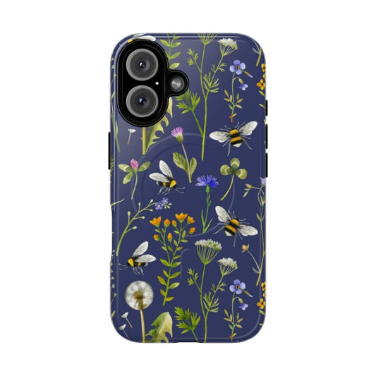 A blue magnetic phone case featuring a design with bees and wildflowers.