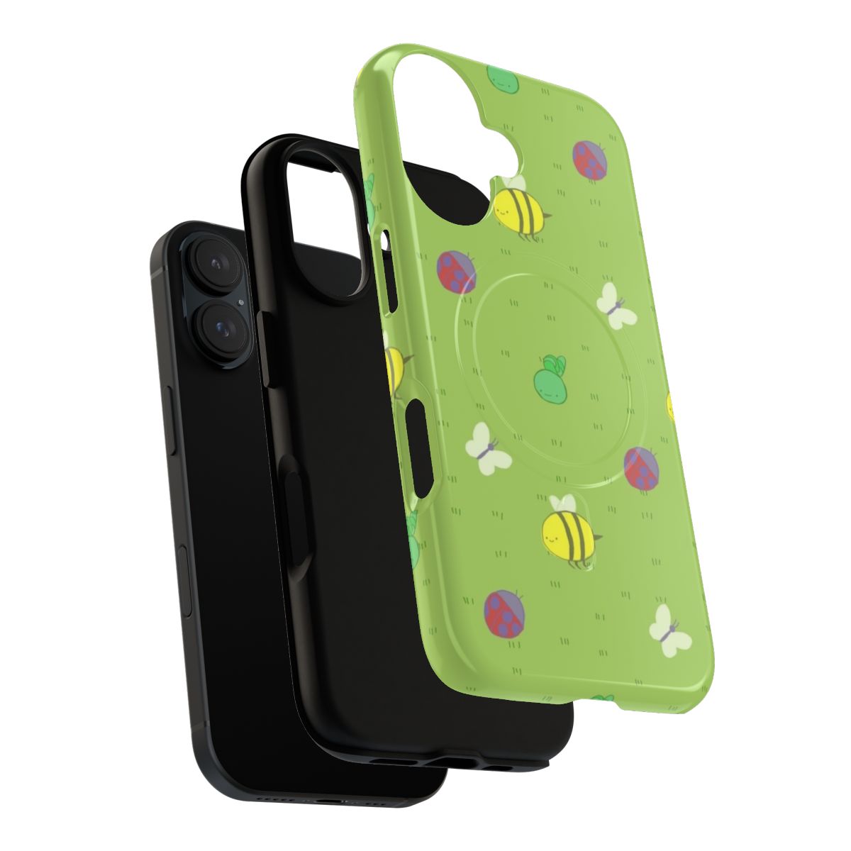 Adventure Time inspired phone case with a pattern of birds, bees, caterpillars, worms, and ladybugs - Layers