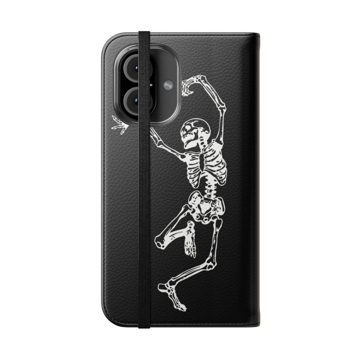 A flip cover phone case featuring a gothic design of dancing skeletons in black and white. - Folded Front