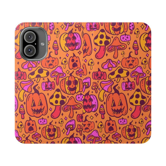 A colorful phone case featuring pumpkins and mushrooms in fall hues.