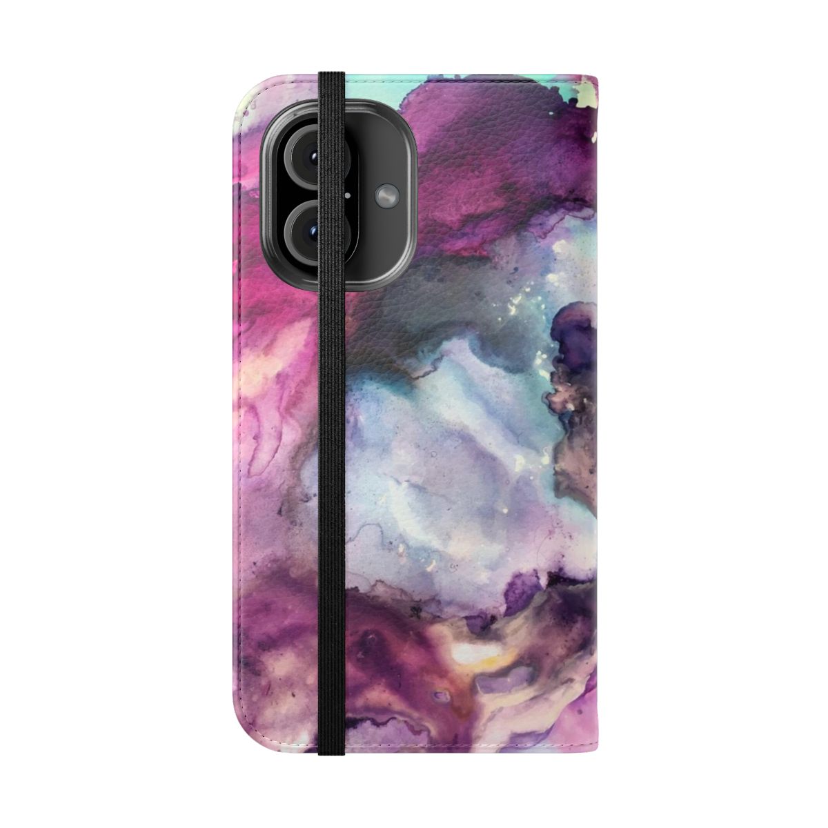 A vibrant, abstract mixed media painting in shades of purple and pink with fluid, galaxy-inspired designs, printed on a phone case. - Folded Front