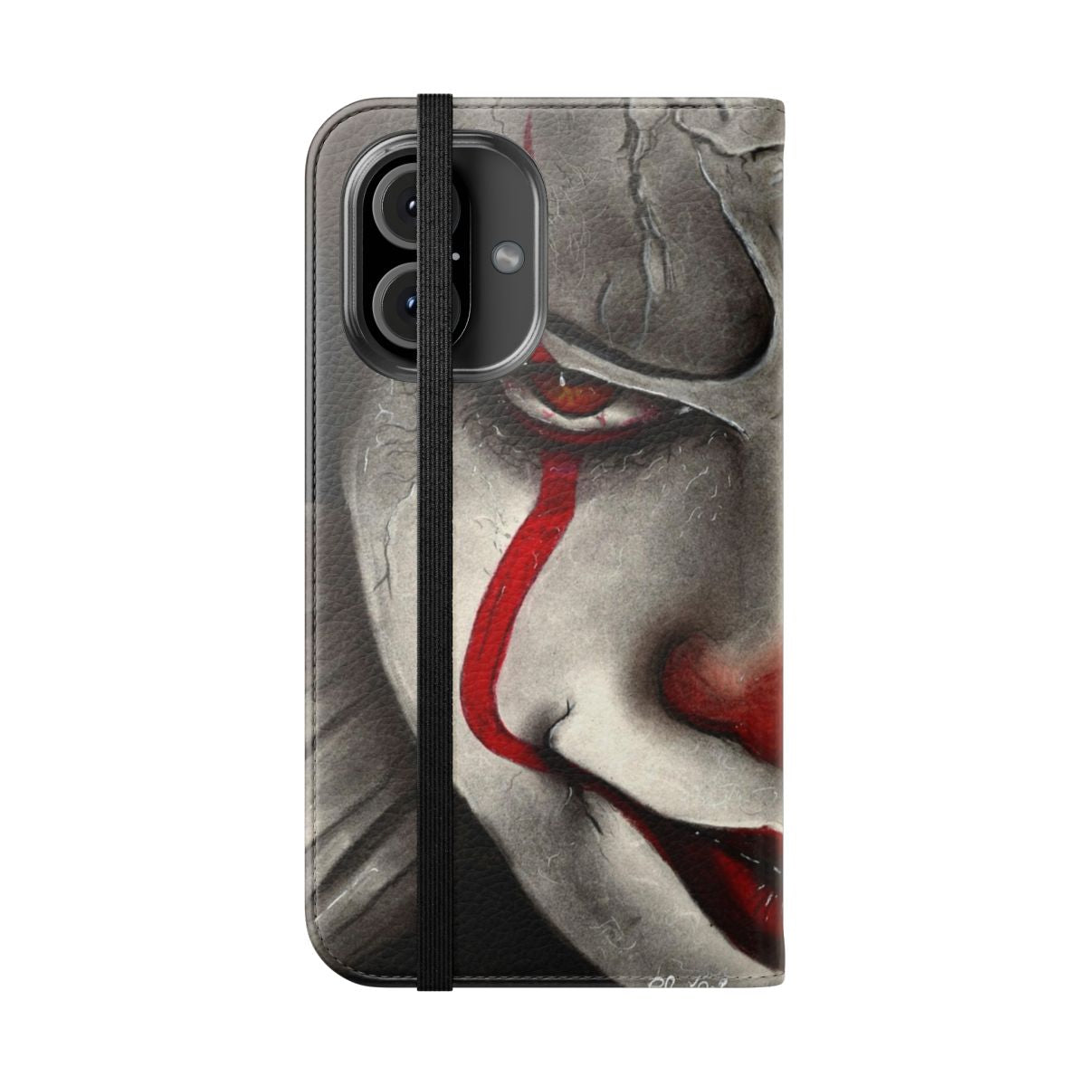 A black and white realistic portrait of a creepy clown face with a balloon, perfect for a Halloween-themed phone case. - Folded Front