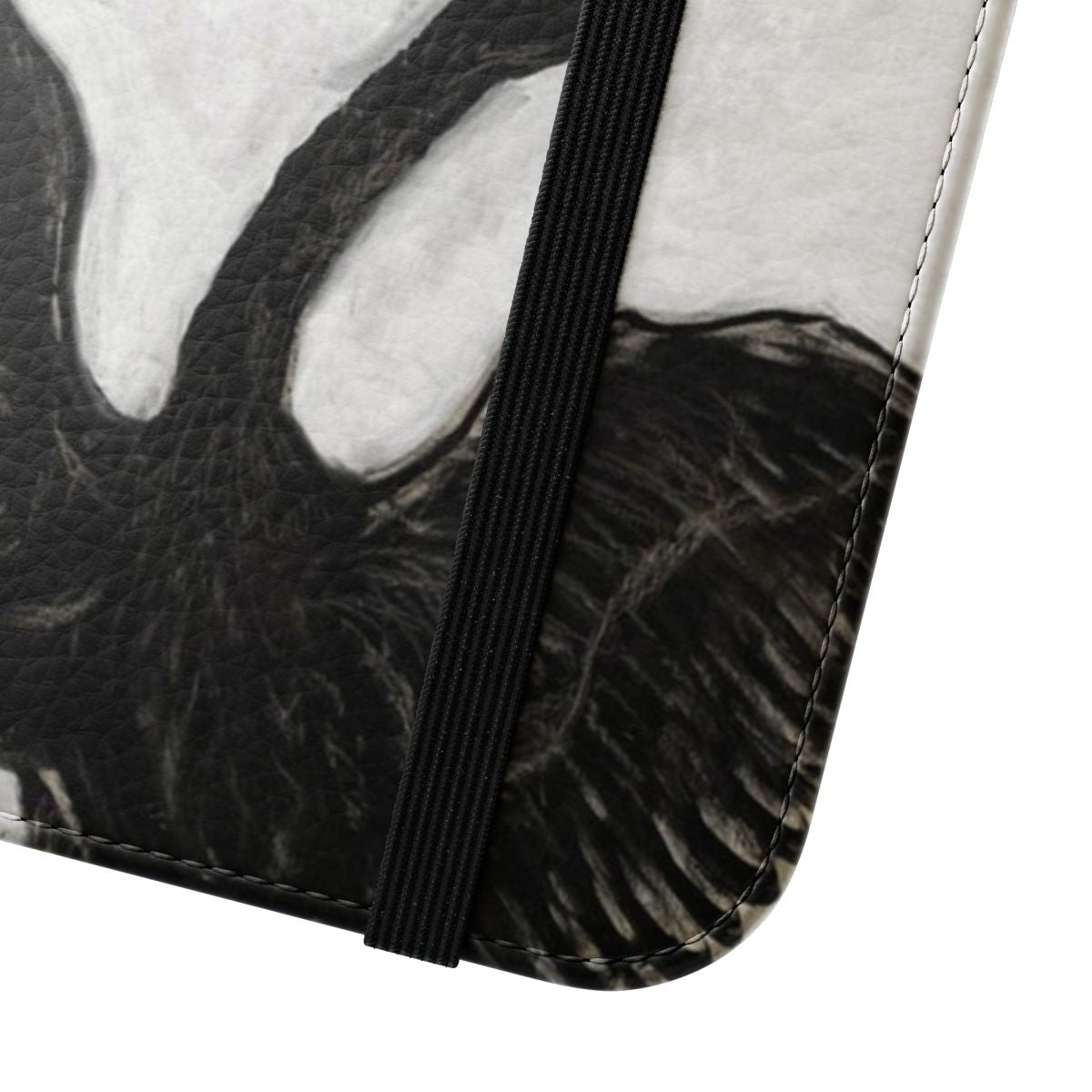 Flip cover phone case featuring the painting "The Swan" by Hilma af Klint, with a monochromatic bird design in a modern, minimalist style. - Close Up