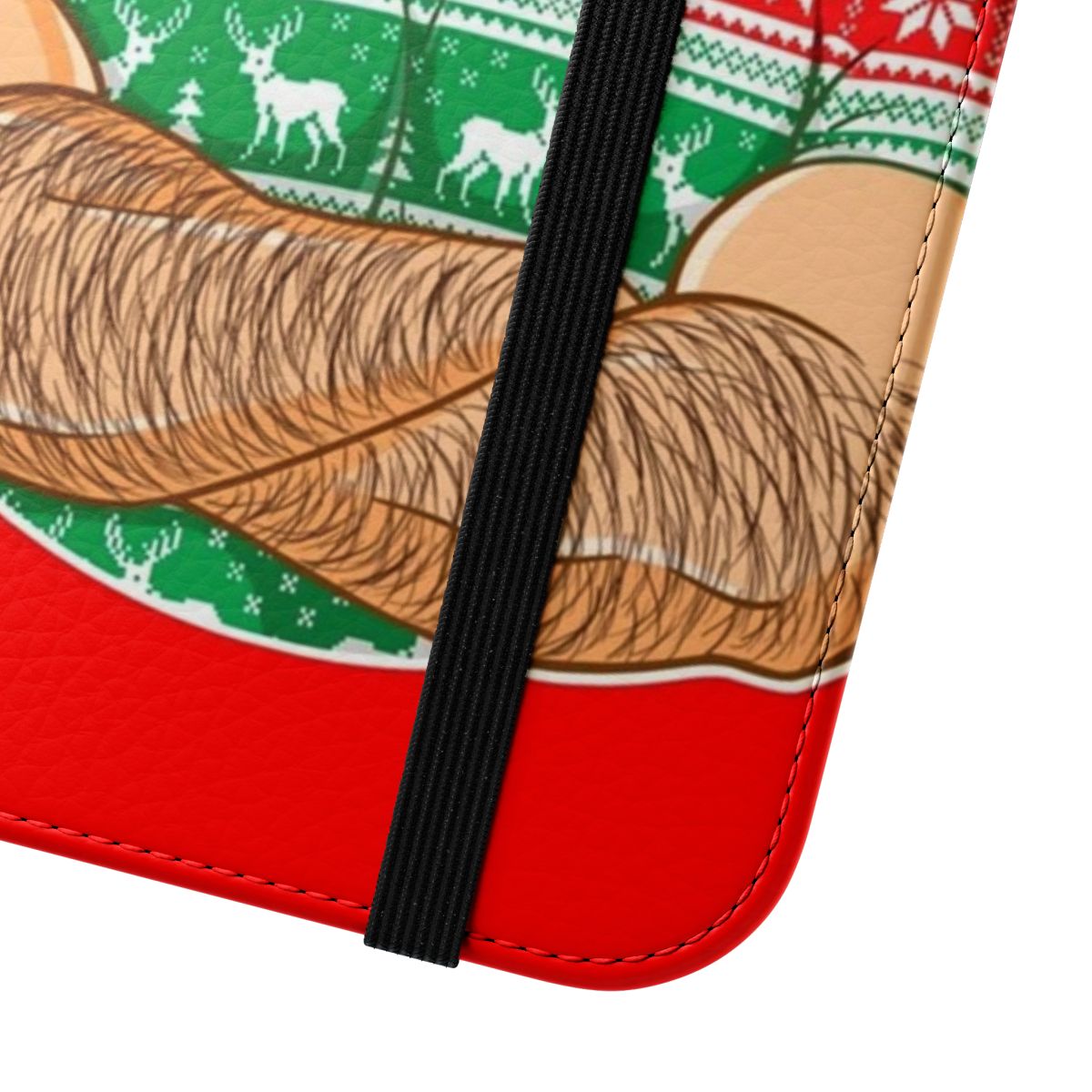 Flip phone case with a design of a gay bear crossing their arms at a Christmas party - Close Up