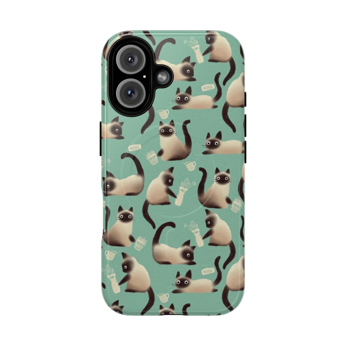 Vibrant turquoise and white Siamese cat pattern on a tough, magnetic phone case.