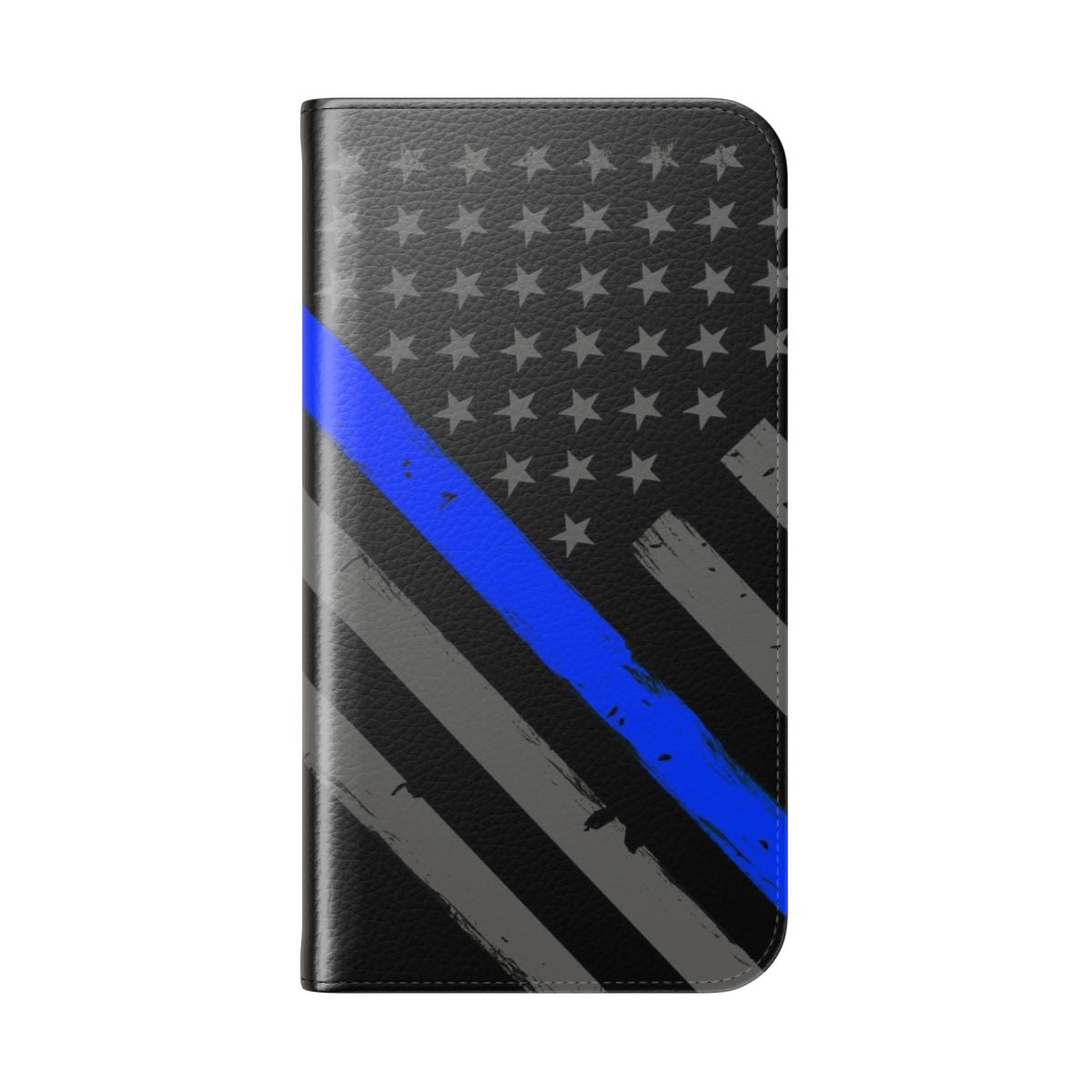 A blue and black phone case with a thin blue line American flag design, supporting police officers and law enforcement. - Folded Back