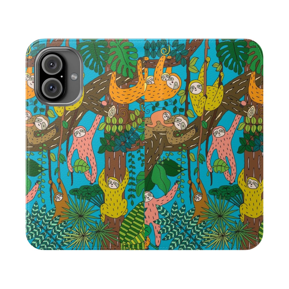 Vibrant graphic phone case featuring happy sloths in a tropical jungle landscape.