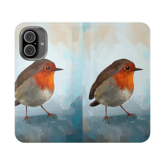 Close-up portrait of a robin bird with bright orange and blue feathers on a phone case.