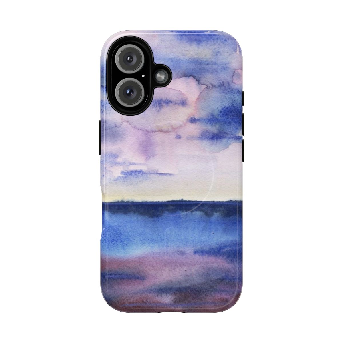 Watercolor painted landscape with blue sky and fluffy clouds on a phone case.