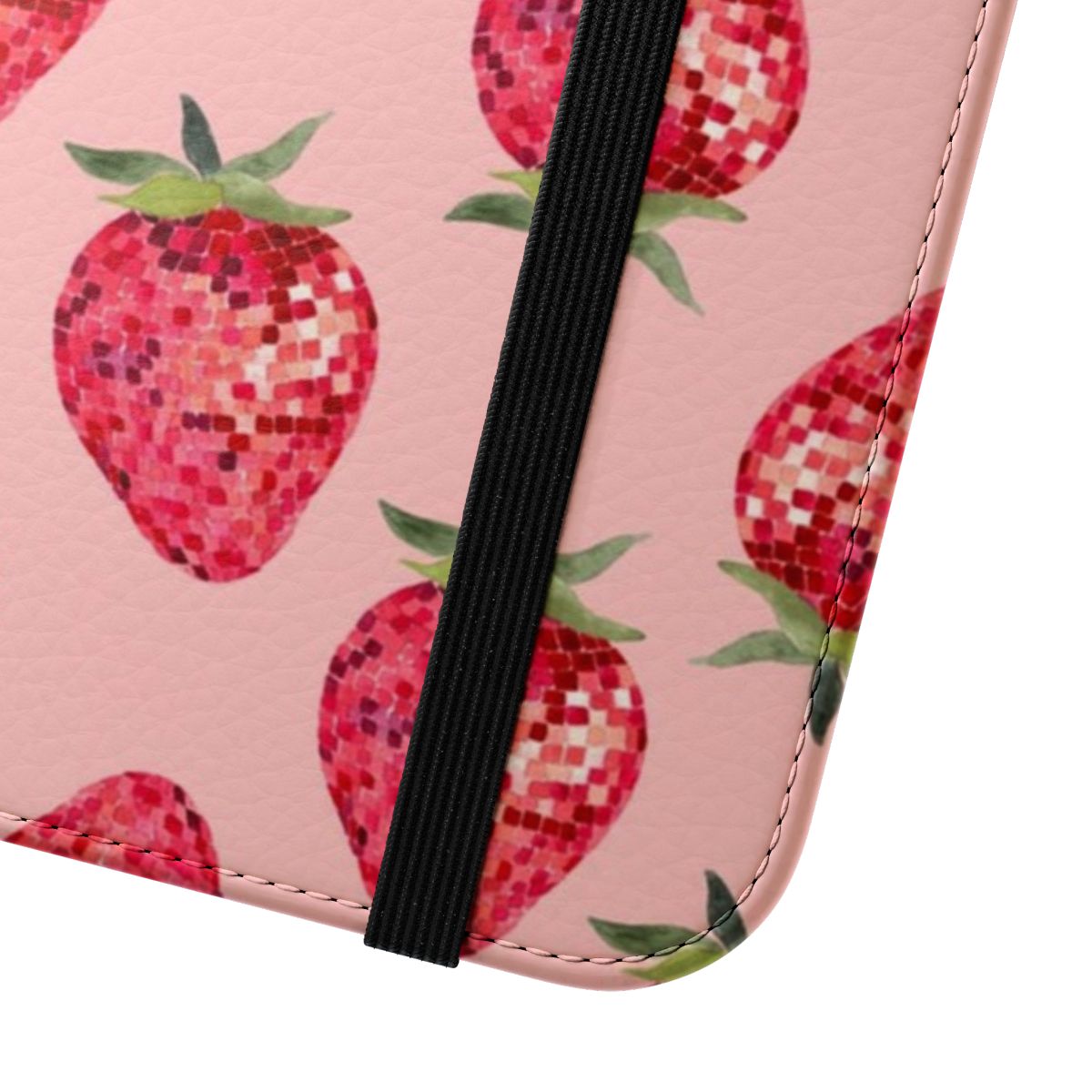 A vibrant pink phone case with a disco ball and strawberry design, perfect for a retro or summer aesthetic. - Close Up