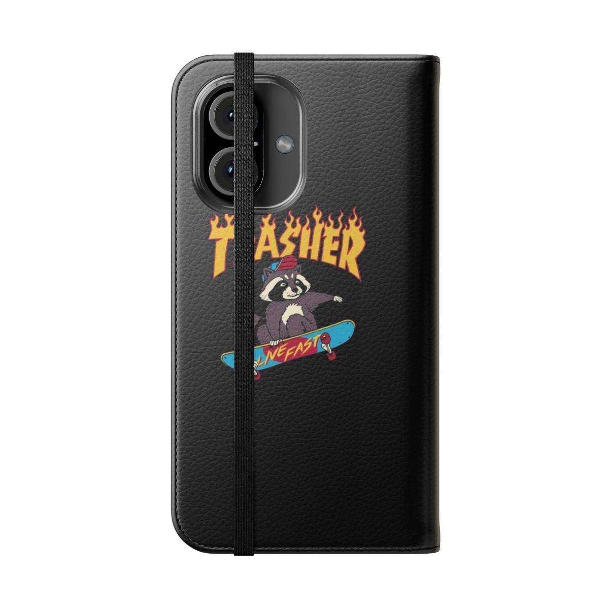 Retro skate inspired flip cover phone case with raccoon and trash design - Folded Front