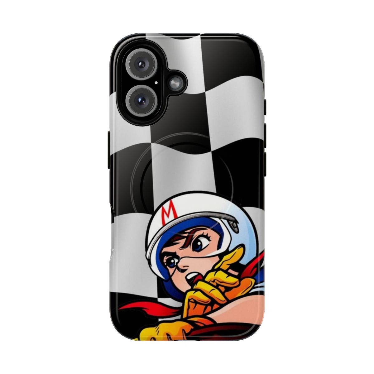 Checkered flag themed magnetic and tough phone case with speed racer, mach 5, racer x, and trixie inspired design elements.