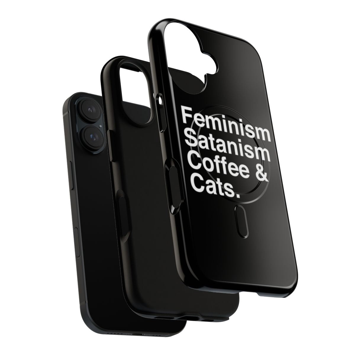 Magnetic phone case featuring feminism, satanism, coffee, and cat designs - Layers