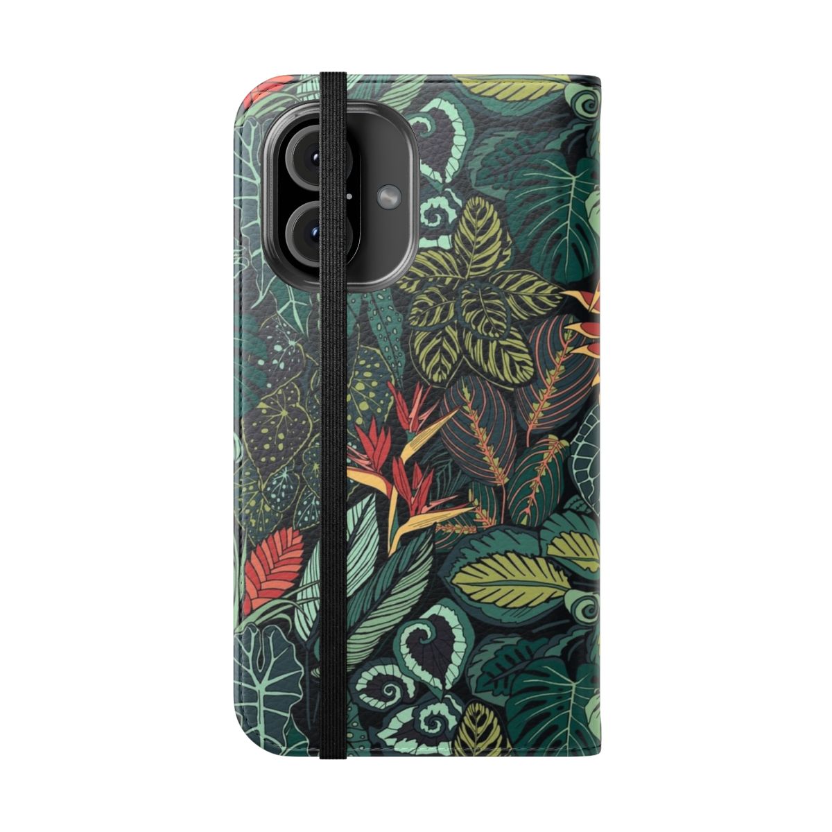 Flip phone case with a vibrant print of tropical leaves, including calathea, bird of paradise, and other lush botanicals. - Folded Front