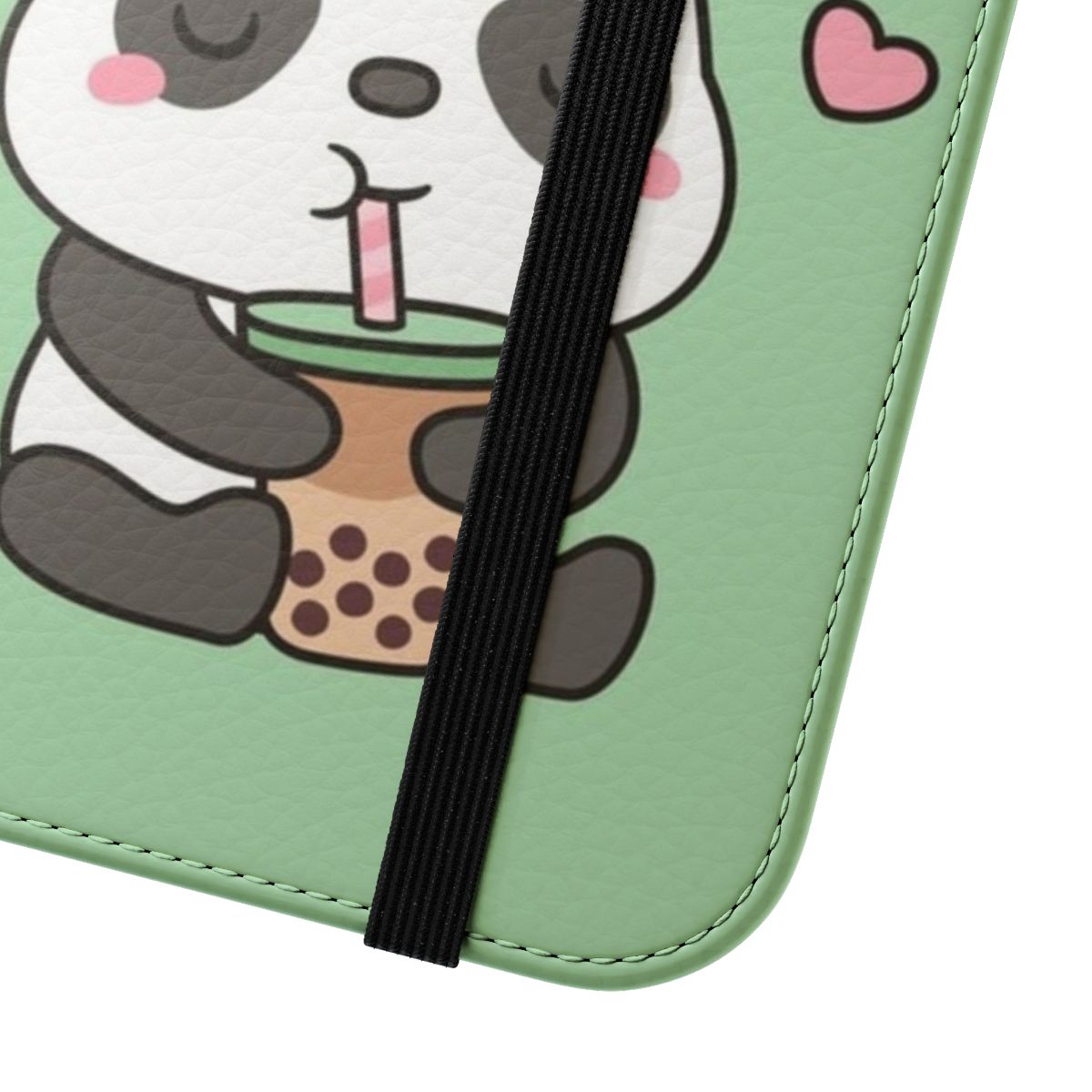 Cute panda bear holding a boba tea cup in a flip phone case - Close Up