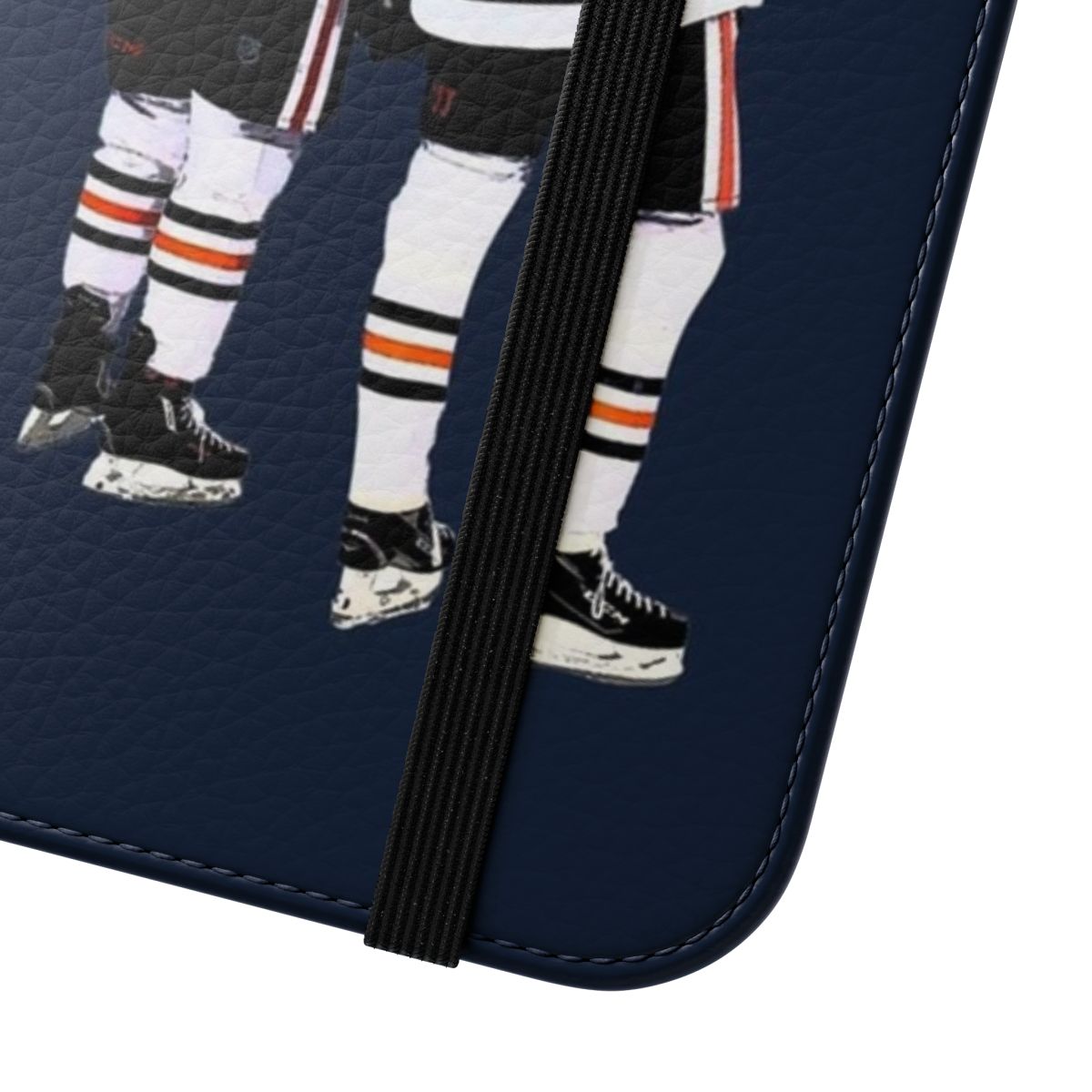 Hockey-themed flip cover phone case in the colors and design of the Edmonton Oilers - Close Up