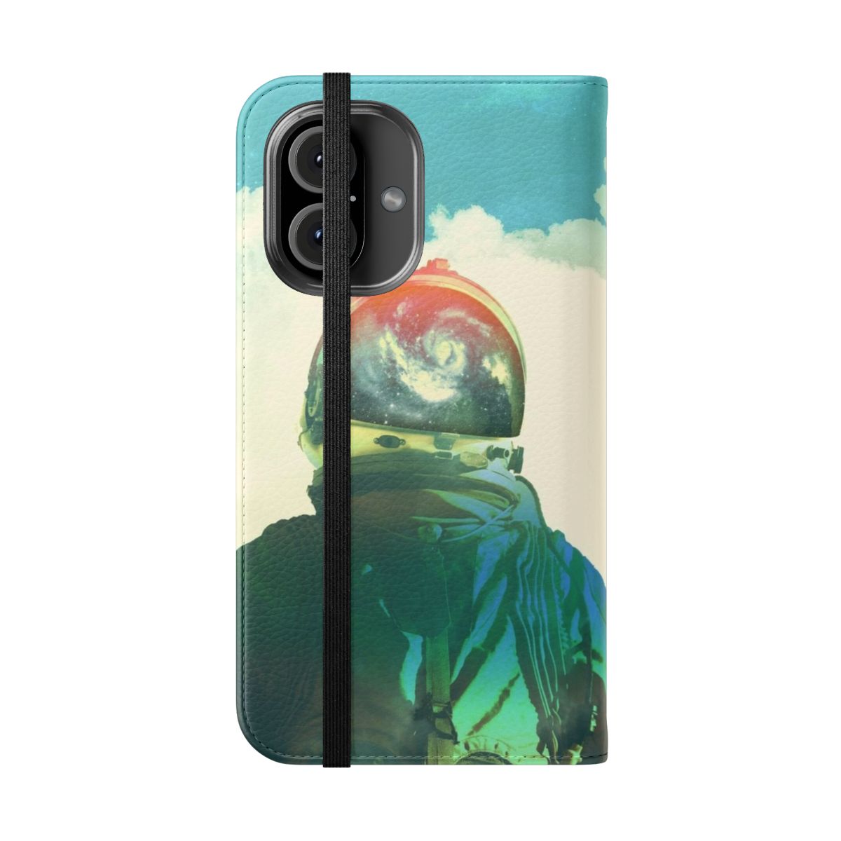 Flip phone case featuring a space-themed collage design with an astronaut, planets, and cosmic elements. - Folded Front