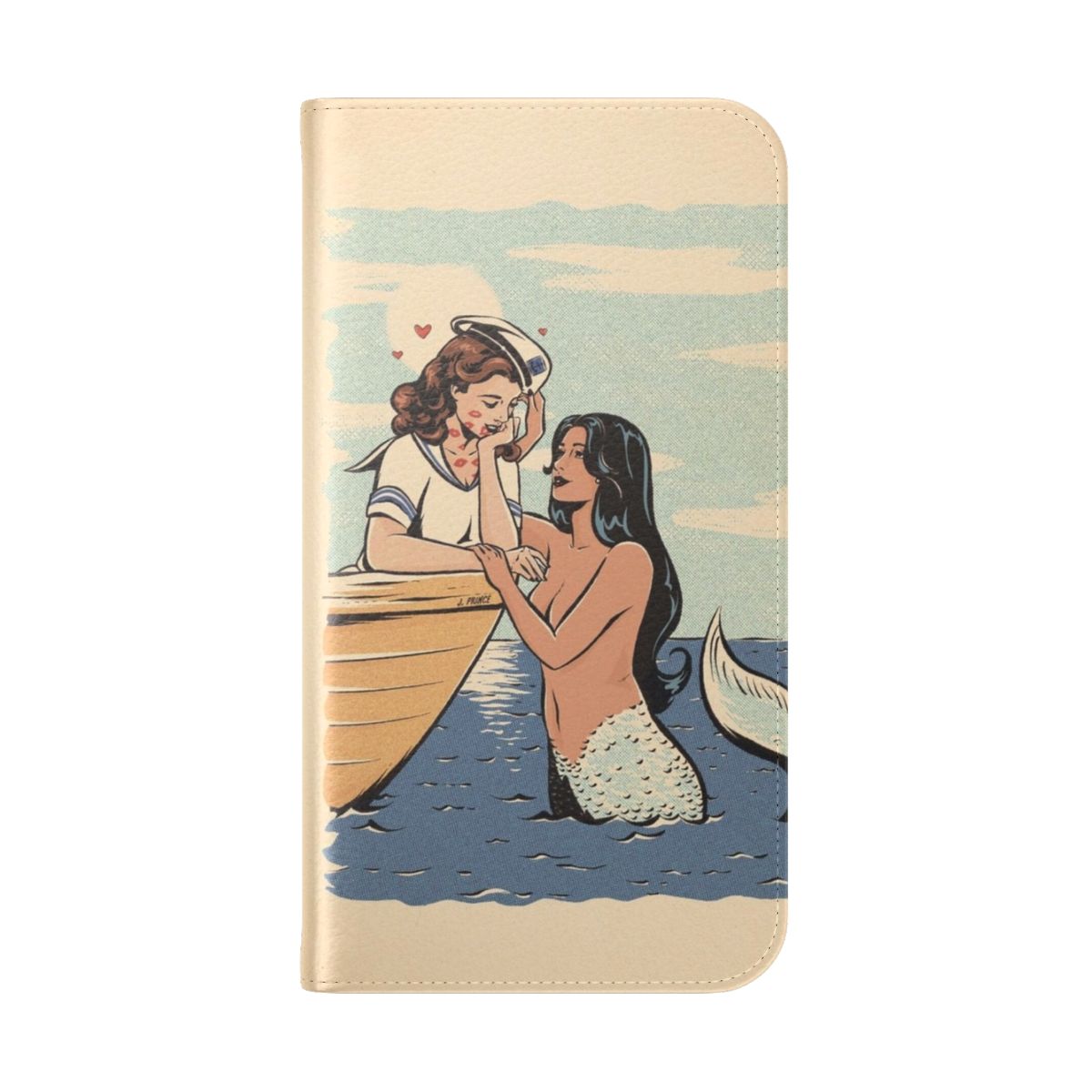 Vintage-style phone case featuring a mermaid design with sapphic art and LGBTQ pride elements. - Folded Back