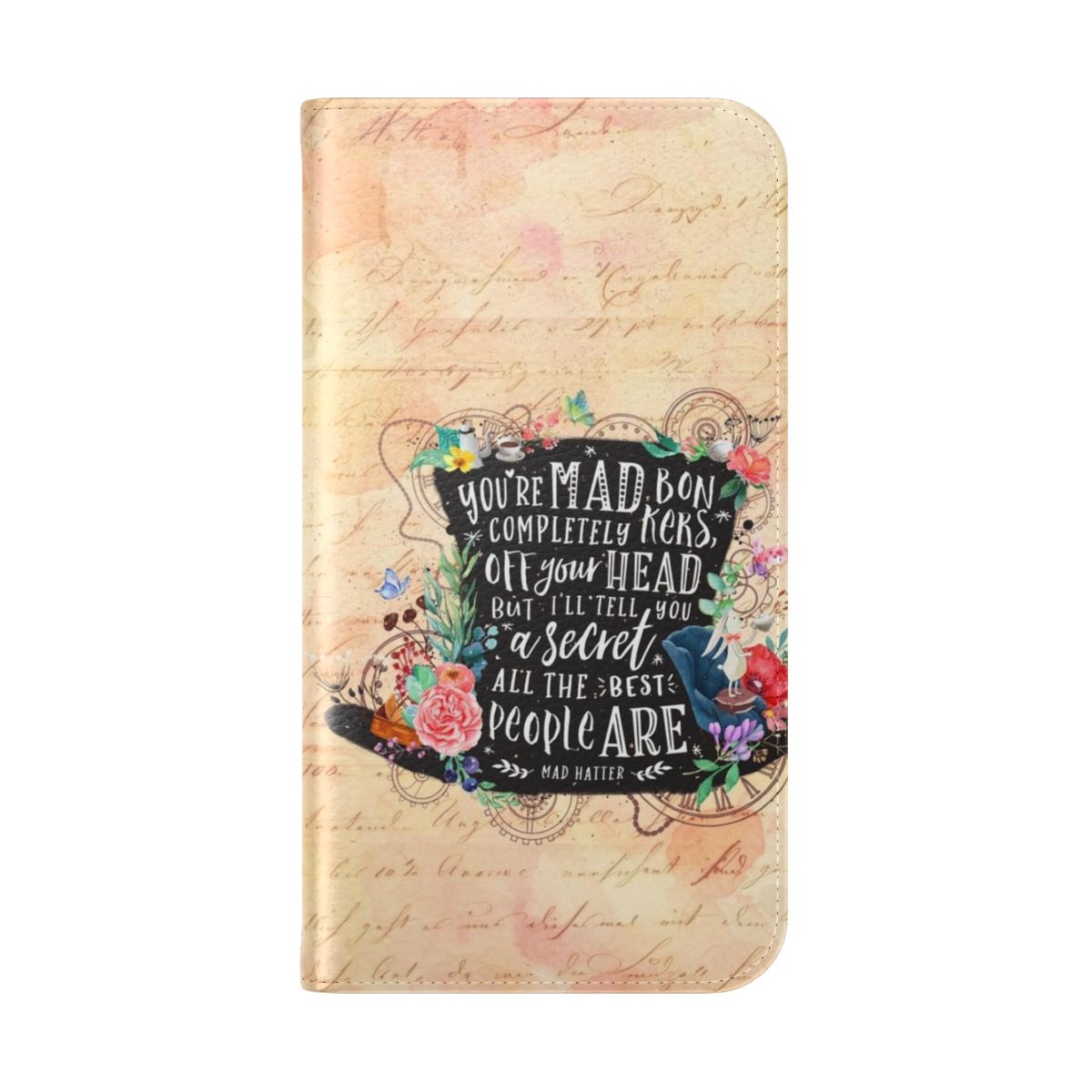 Vintage-style phone case featuring a whimsical, nature-inspired design with silhouettes, flowers, and storybook elements. - Folded Back