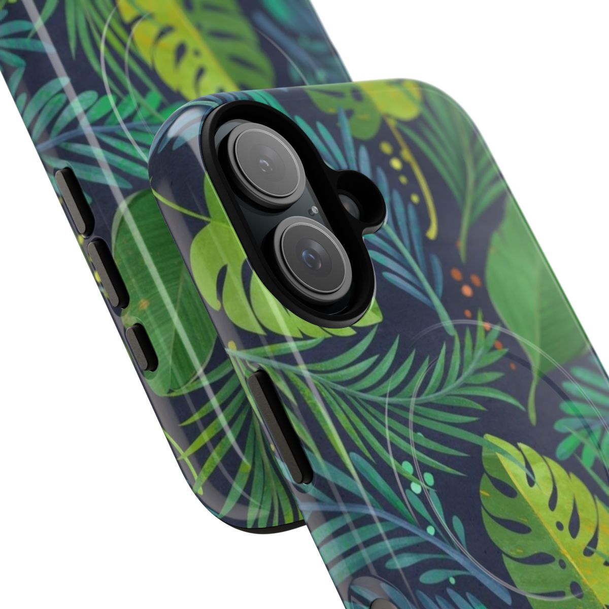 Tropical phone case with palm trees, banana leaves, and botanical pattern - Detail