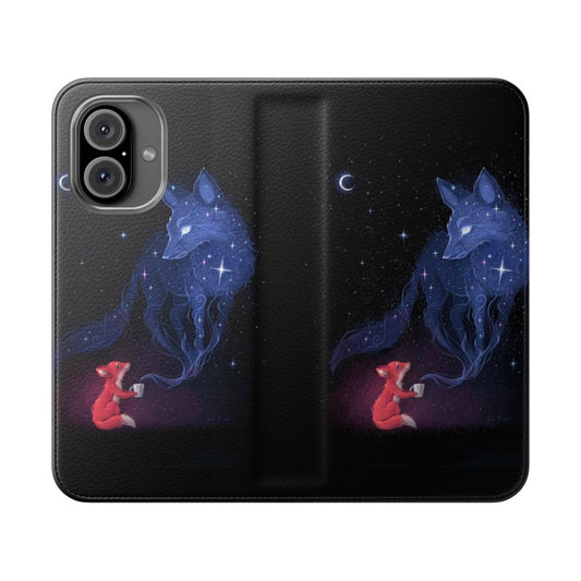 Celestial phone case with a night sky design featuring a fox, moon, and stars