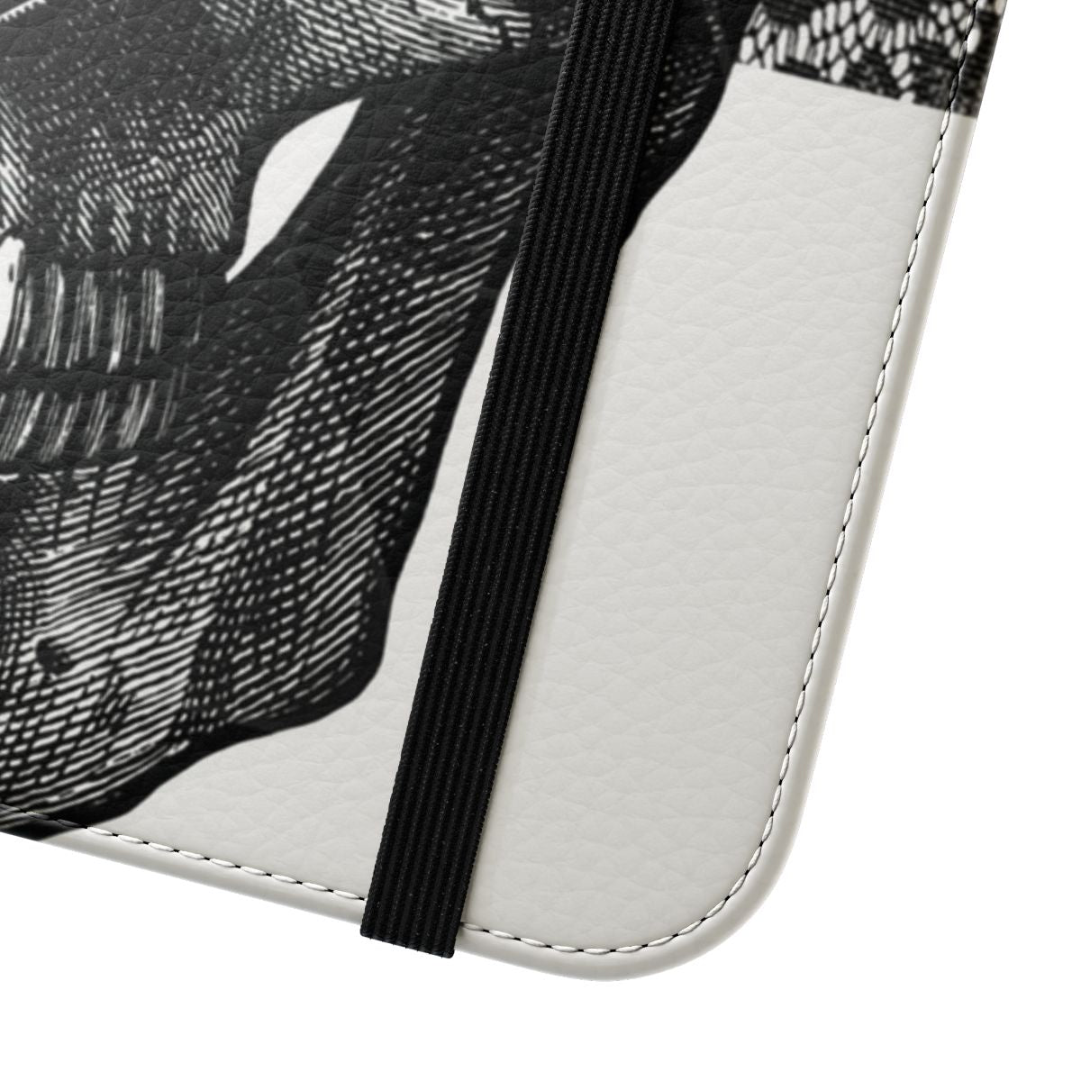 Flip cover phone case with a geometric skull design in black and white. - Close Up