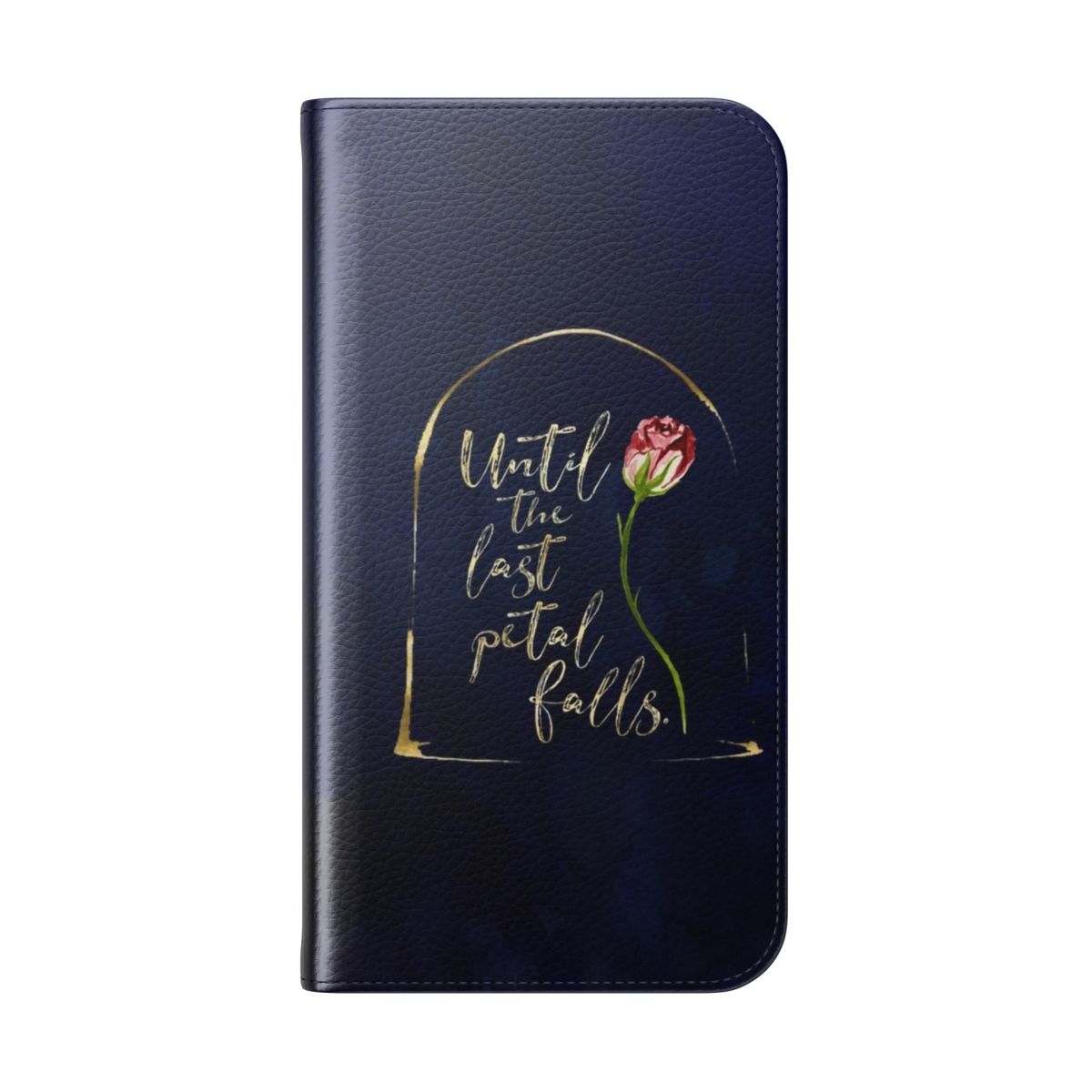 Flip cover phone case featuring a watercolor illustration of an enchanted rose with a fairy tale-inspired quote - Folded Back