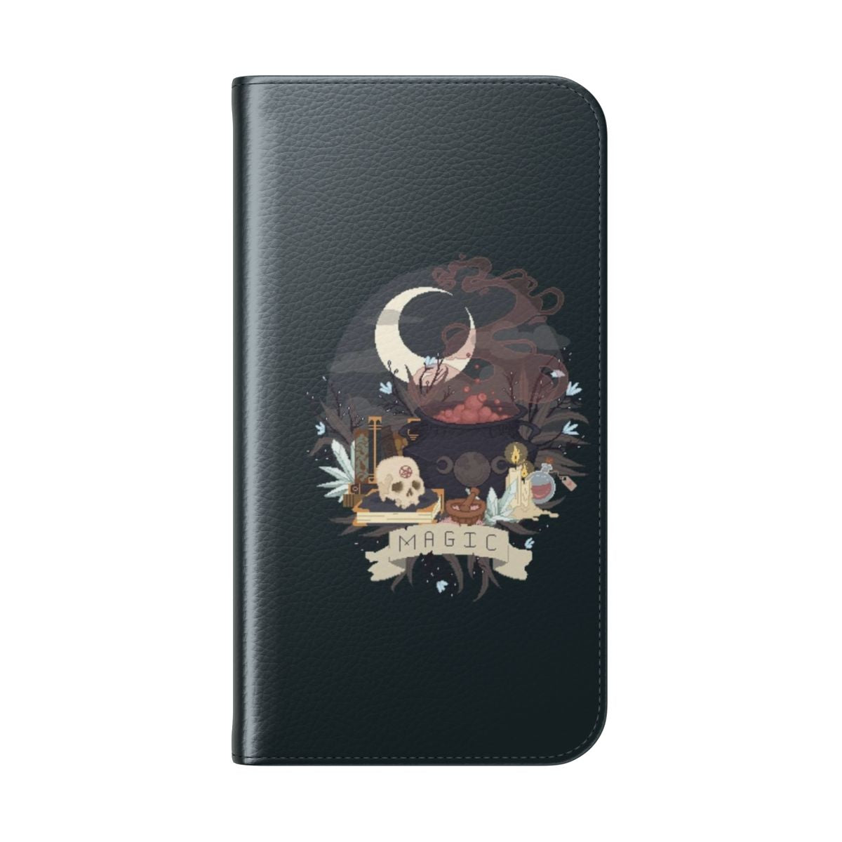 Pixelated phone case with a magical cauldron and occult symbols - Folded Back