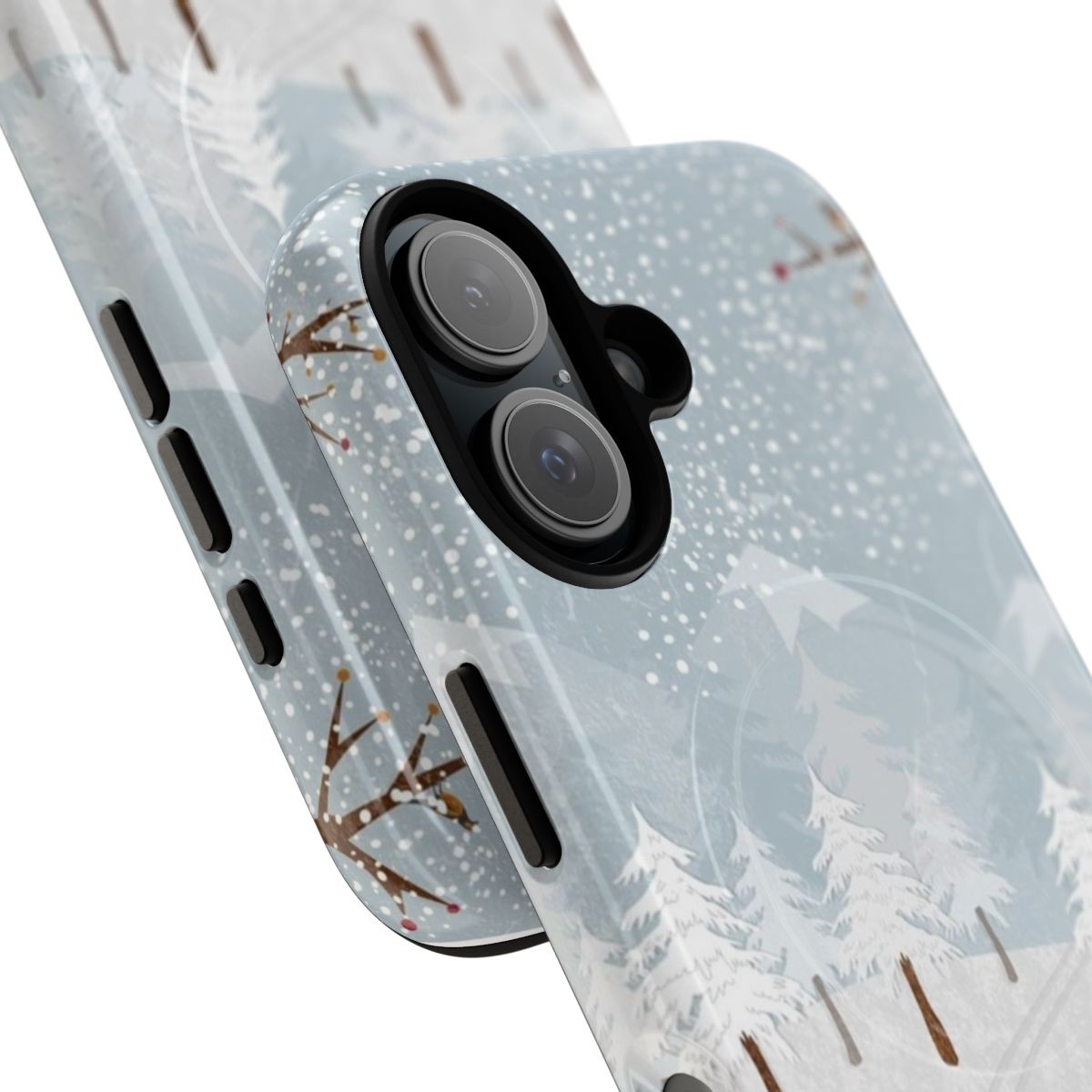 Closeup of a fox surrounded by snow and trees on a phone case - Detail