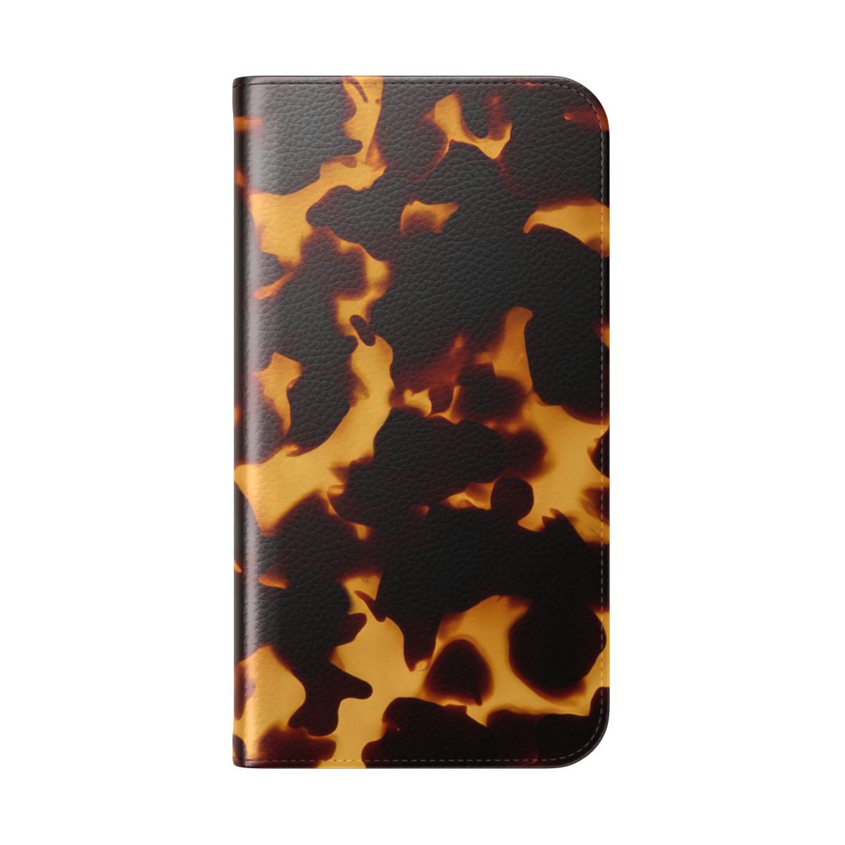 A stylish flip phone case cover featuring a textured, abstract tortoise shell design in black, white, and gold tones. - Folded Back