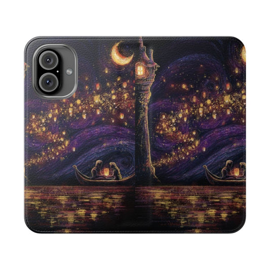 Tangled-inspired flip cover phone case with Rapunzel and Flynn artwork