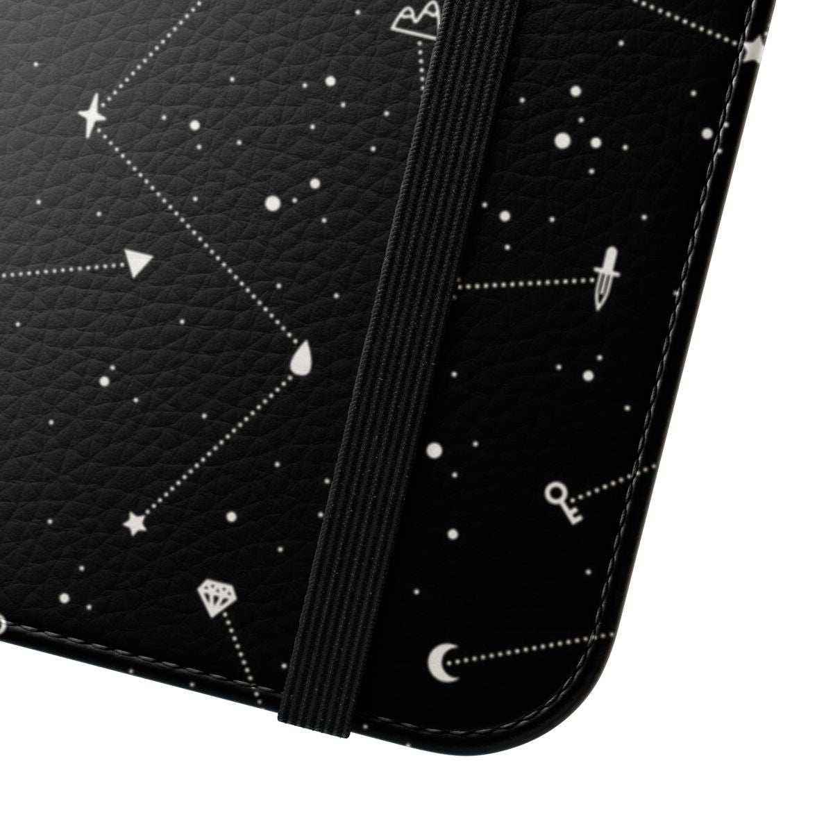 Constellation black and white flip phone case with stars and celestial patterns - Close Up