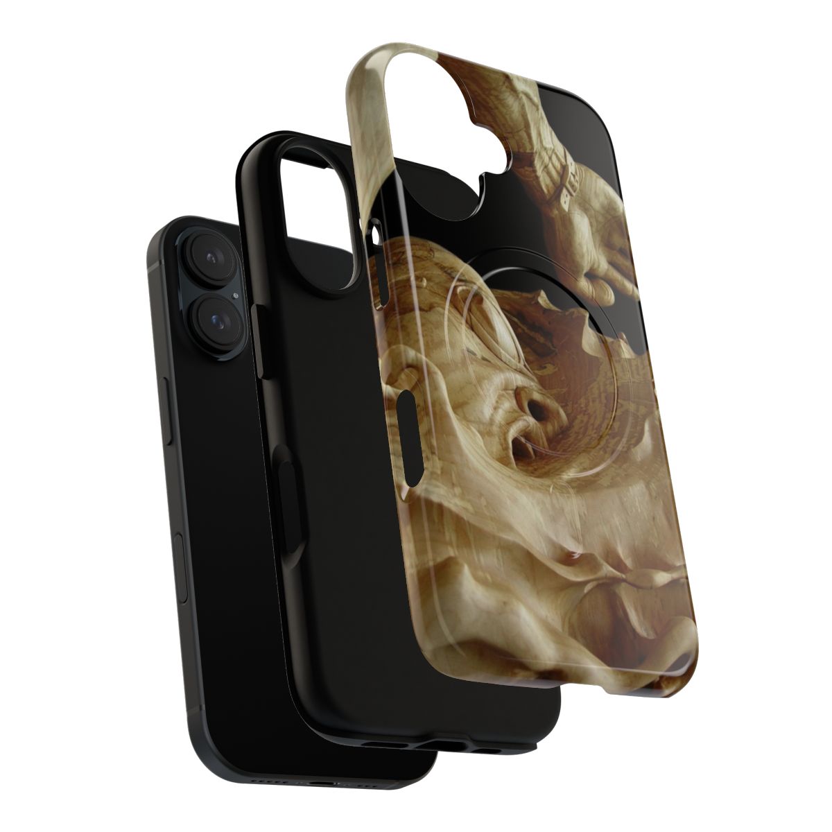 A carved wood phone case depicting a swimmer figure with water droplets. - Layers