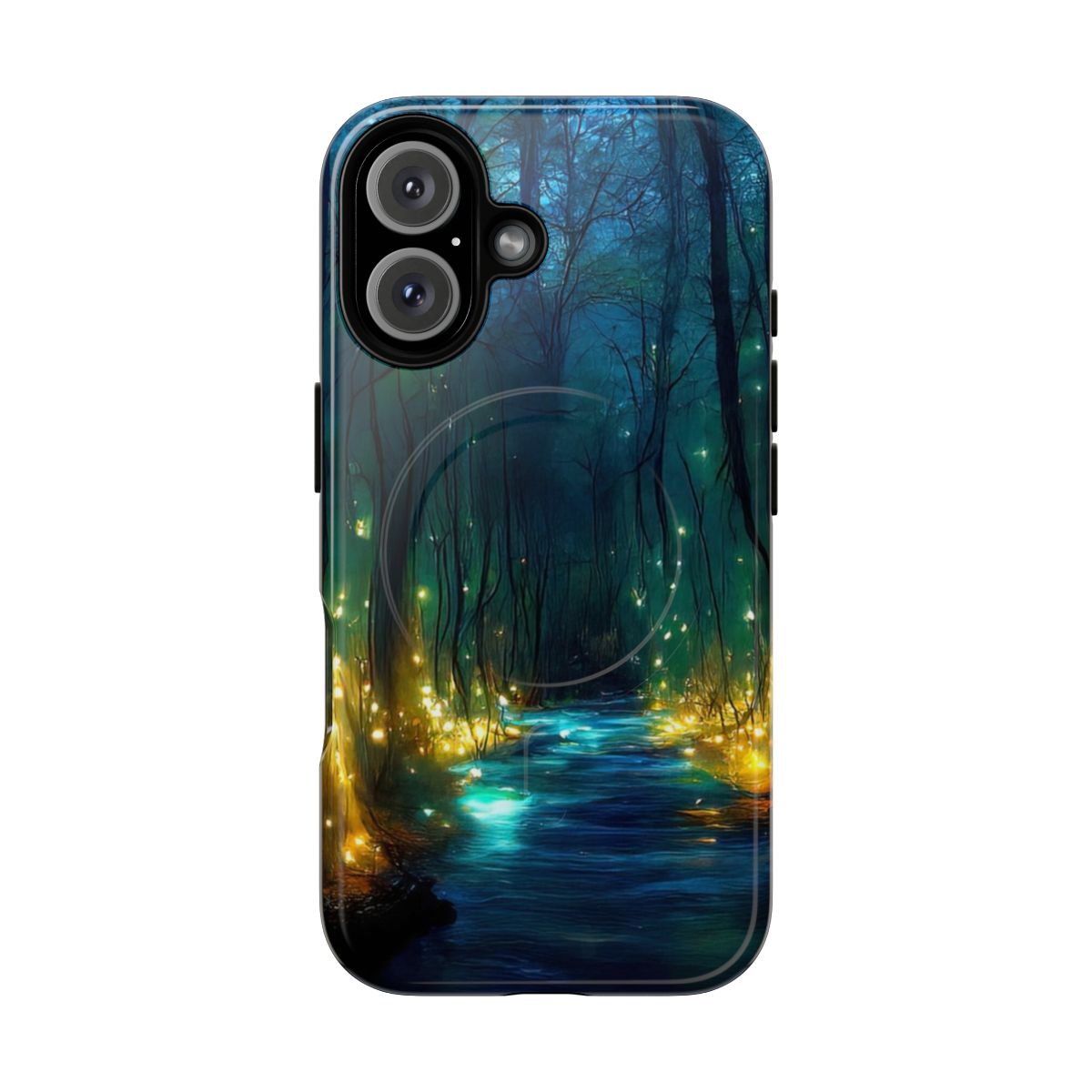 Magnetic tough phone case with a scenic river of light design in a fantasy forest landscape