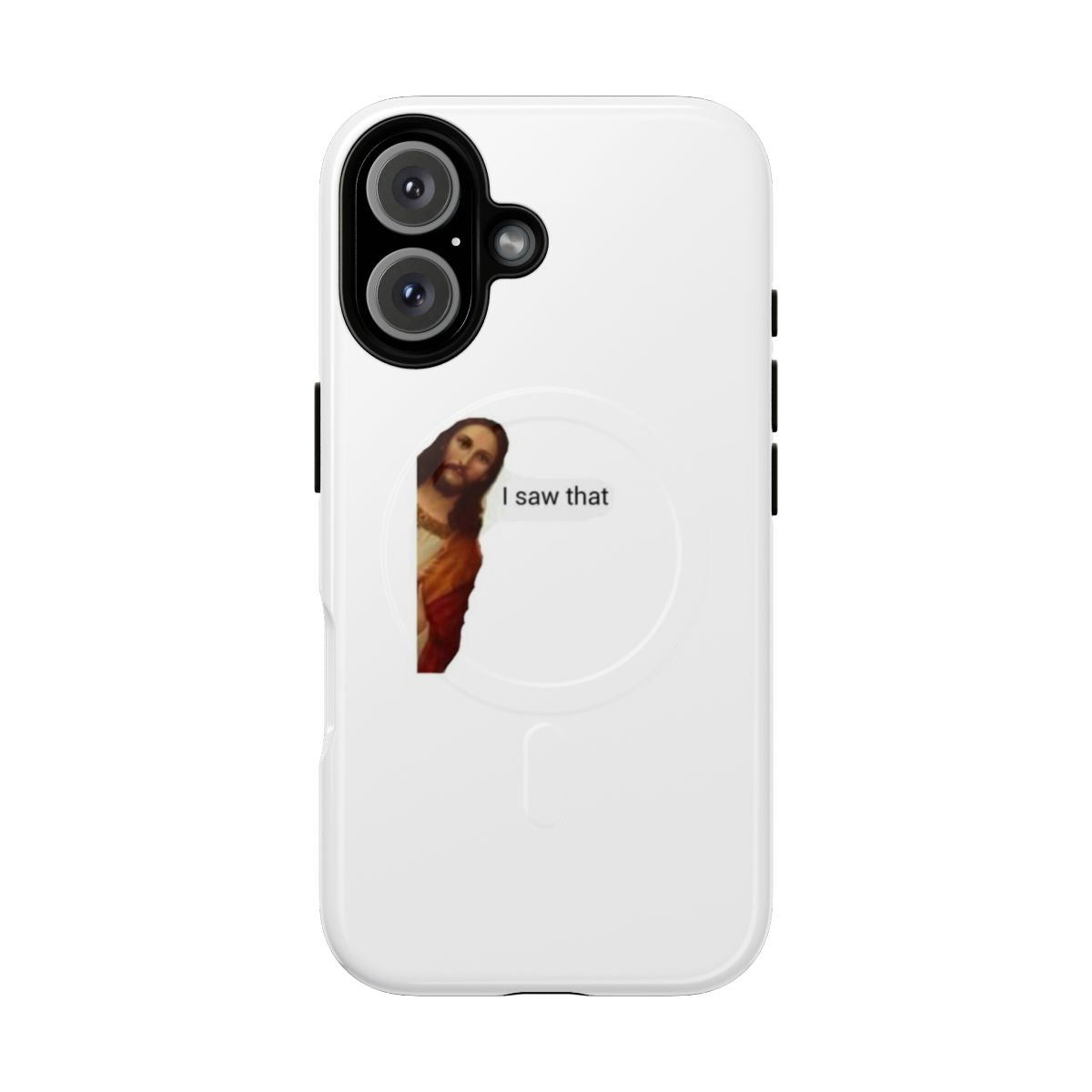 Magnetic tough phone case with a funny, religious meme design