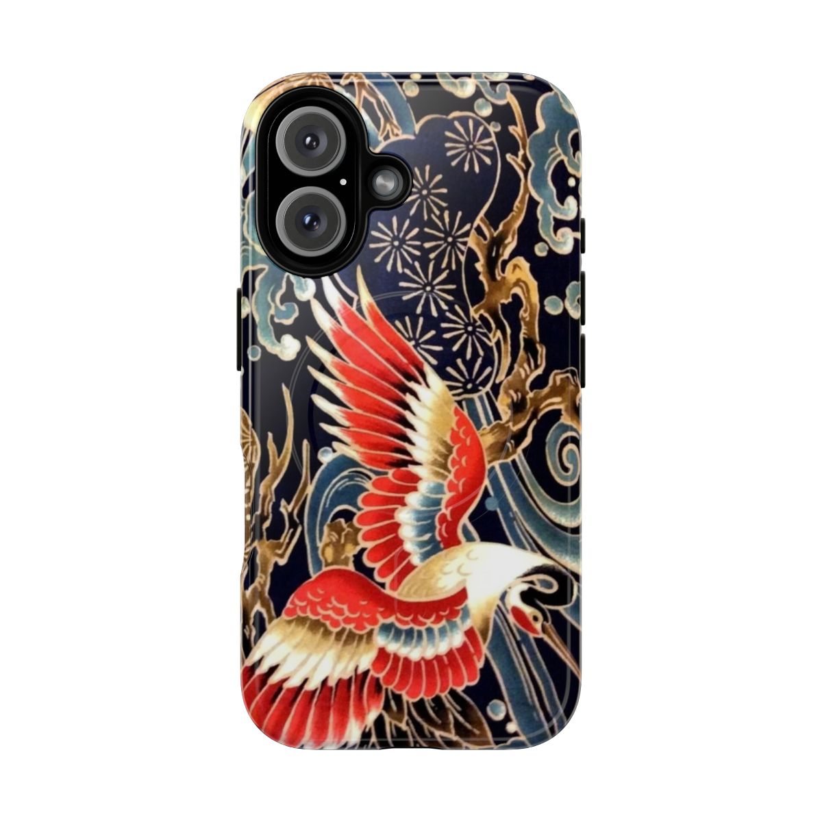 Colorful Japanese-style phone case featuring elegant cranes, floral patterns, and ocean waves in red, navy blue, and white.