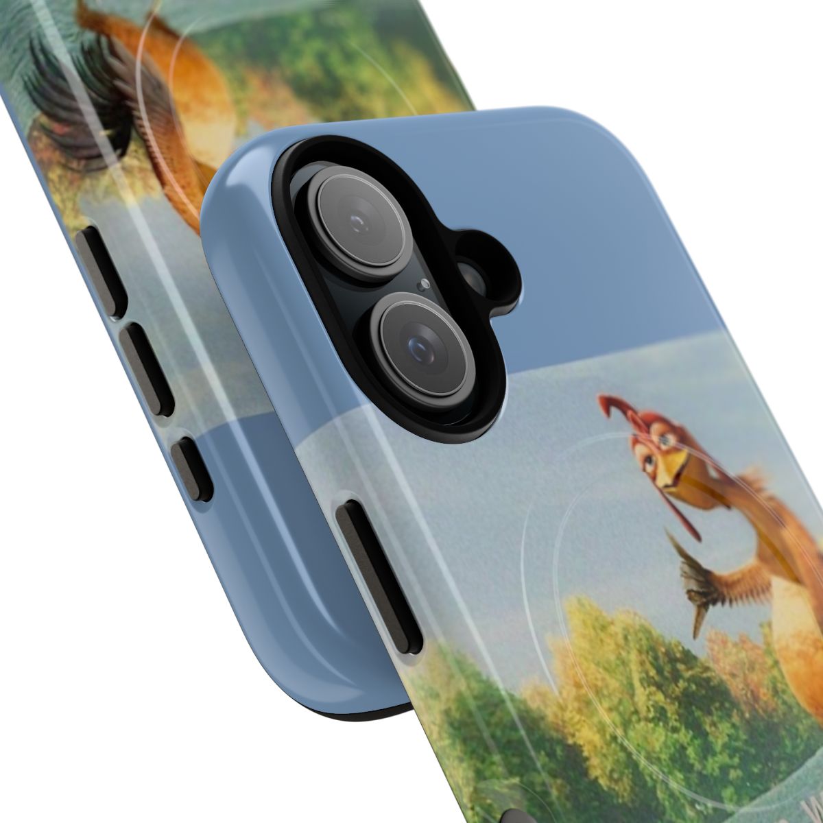 A blue phone case with an image of the character Chicken Joe from the film "Surfs Up" - Detail