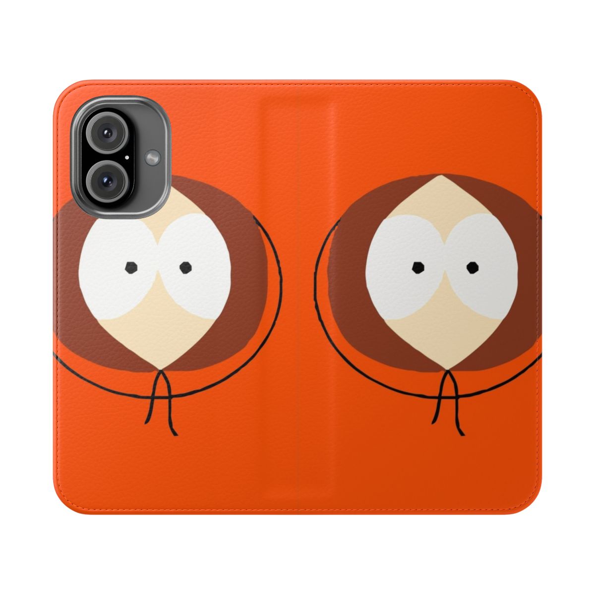 Vibrant flip cover phone case with a playful cartoon design of the character Kenny Mccormick from the popular TV show South Park.