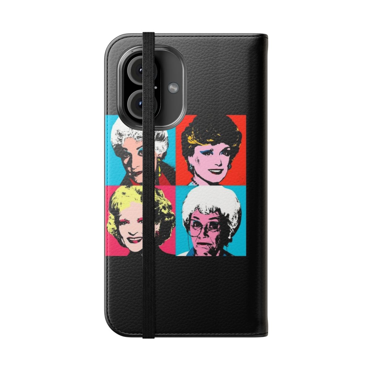 Golden-themed phone case featuring pop art-style portraits of the Golden Girls characters - Folded Front