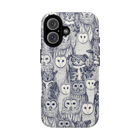 A magnetic tough phone case featuring a pattern of owls in blue, ivory, and black tones.