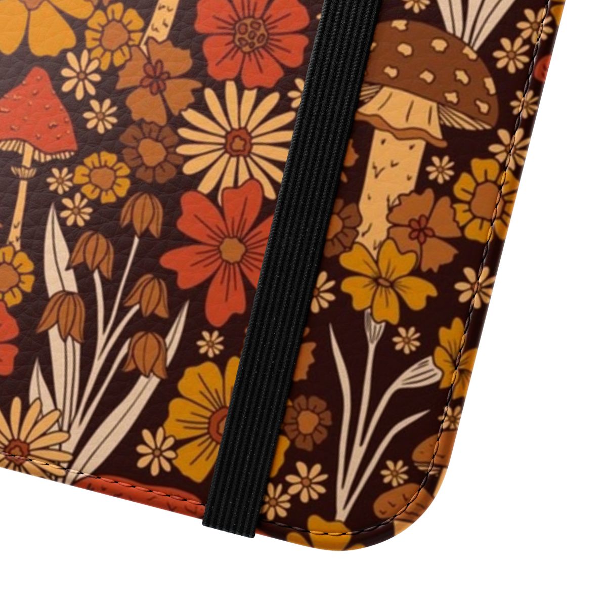 Retro 1970s-inspired flip phone case featuring colorful mushrooms and flowers in a psychedelic, vintage-inspired design. - Close Up