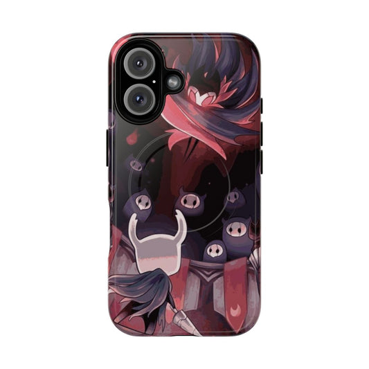 Hollow Knight-inspired magnetic tough phone case featuring the Knight character in battle with Master Grimm