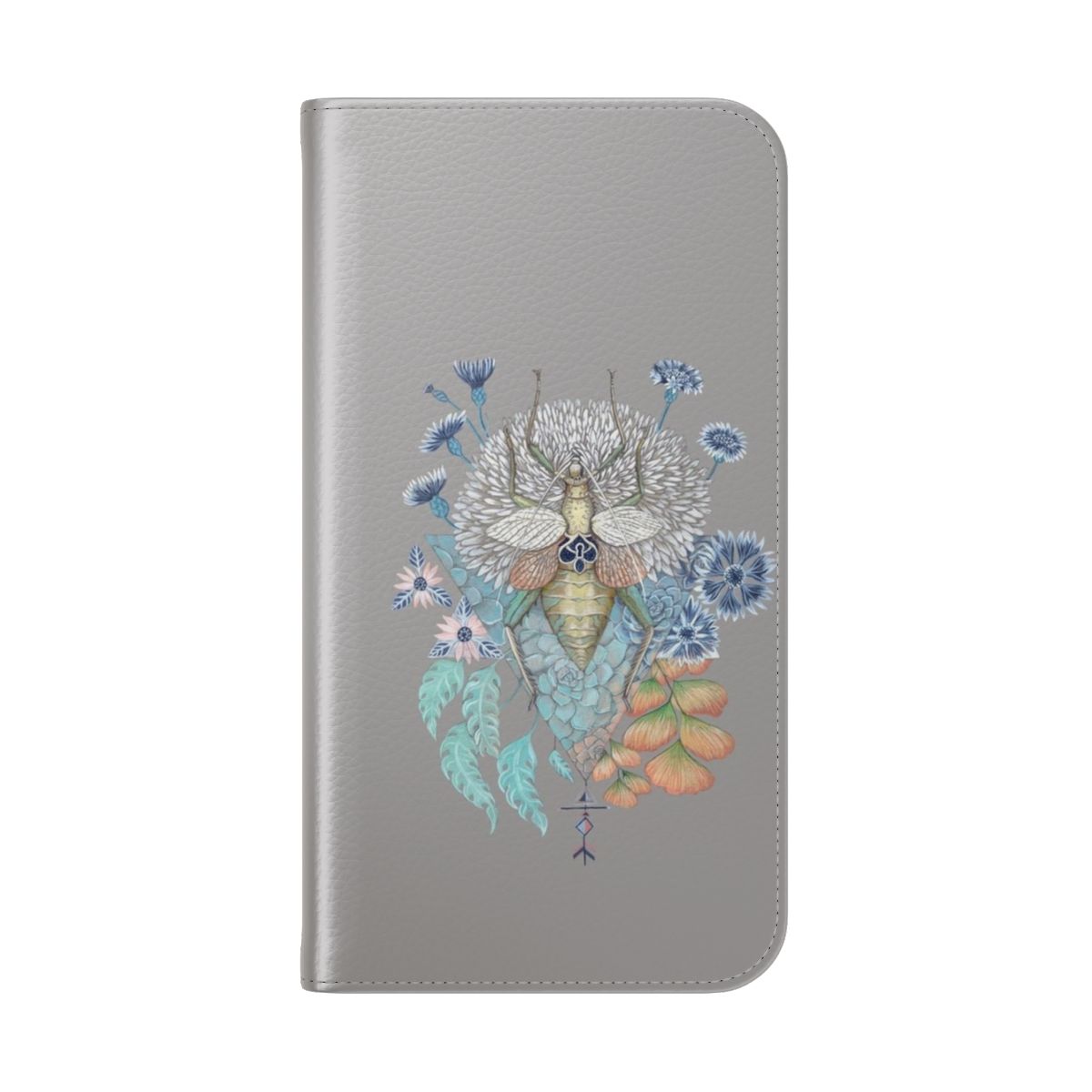 Flip cover phone case featuring a botanical design with a key and nature elements. - Folded Back