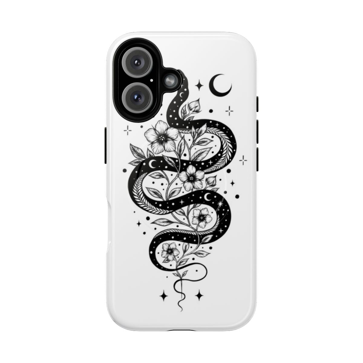 Black magnetic phone case with a serpent and botanical design in a dark, mystical style.